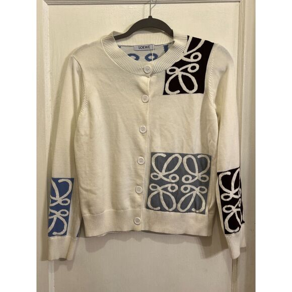 Loewe Sweaters - NWOT  LOEWE White Blue Logo Graphic Button Up Cardigan Top  Women's Size Large